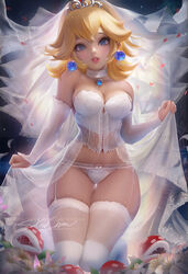 blonde_hair blue_eyes breasts bridal_lingerie bride bustier cleavage corset curvy earrings female female_only garter_belt hourglass_figure lingerie looking_at_viewer mario_(series) medium_breasts nintendo panties piranha_plant princess_peach realistic sakimichan skindentation small_waist solo solo_female super_mario_odyssey thick_thighs thighhighs wedding_dress wedding_lingerie rating:Questionable score:548 user:justausername