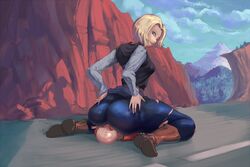 1boy 1girls android_18 ass big_ass blonde_hair boots clothed cutesexyrobutts dat_ass dragon_ball dragon_ball_z facesitting female krillin kuririn male size_difference straight torn_clothes rating:Explicit score:185 user:justausername