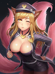 1girls ;d ahri blonde_hair erect_nipples female female_only fox_ears fox_girl fox_tail highres inviting large_breasts league_of_legends looking_at_viewer nipple_peek nipples no_bra one_breast_out popstar_ahri riot_games solo spichis teasing winking rating:Explicit score:198 user:jindermaballz