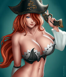 big_breasts blue_eyes breasts cleavage female female_only flowerxl hair_over_eye large_breasts league_of_legends long_hair looking_at_viewer miss_fortune pinup solo rating:Questionable score:160 user:justausername