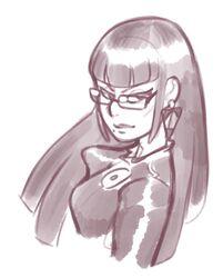 alternate_hairstyle bayonetta bayonetta_(character) black_and_white blunt_bangs boobs combos-n-doodles earrings female_protagonist glasses looking_at_viewer monochrome simple_background sketch uncolored video_games voluptuous witch rating:Safe score:31 user:AnonHazeEdits