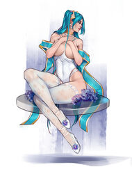 1girls absurdres aqua_eyes aqua_hair aqua_nails bare_shoulders breasts breasts_out covering covering_breasts dulapda earrings female floral_print high_heels highleg highleg_swimsuit highres large_breasts league_of_legends long_hair looking_to_the_side multi-strapped_swimsuit nail_polish one-piece_swimsuit platform_footwear shawl sitting smile solo sona_buvelle swimsuit thighhighs twintails very_long_hair wedge_heels white_legwear rating:Questionable score:110 user:Shaded_Cube