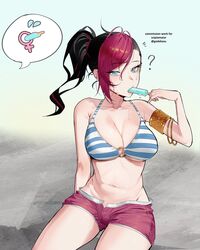 blue_eyes clothed fiora_laurent godekasu jewelry league_of_legends ponytail pool_party_fiora pool_party_series popsicle purple_hair sexually_suggestive spoken_question_mark sweat swimming_trunks swimsuit two_tone_hair rating:Questionable score:137 user:ScipioMaior