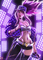 akali armwear bare_midriff bare_shoulder belly belly_button belt bracelet cap choker cleavage collar curvy_hips fingerless_gloves fit_female flat_belly front_view hat heart_belt hips izhardraws jacket k/da_akali k/da_series league_of_legends light-skinned_female light_skin looking_at_viewer midriff navel necklace ponytail purple_hair red_lips removing_clothing removing_jacket seductive_look spray_can stage_lights strapless strapless_bra strapless_top streetwear tube_top tubetop upper_body rating:Safe score:42 user:Aur3lionit3K