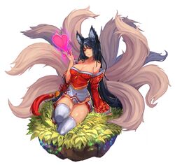 1girls ahri animal_ears arm_support bare_shoulders black_hair blush cleavage facial_markings female female_only heart kumiho league_of_legends multiple_tails qbspdl riot_games simple_background sitting solo source_request tagme tail thighhighs whisker_markings white_background white_fur white_legwear white_thighhighs yellow_eyes rating:Questionable score:30 user:Wh0