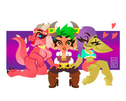  5:4 absurd_res clothed clothing ear_piercing ear_ring female fully_clothed gnome gnome_(warcraft) goblin green_body green_eyes green_hair green_skin group hair hi_res horn humanoid kesael kobold piercing pink_body purple_hair ring_piercing tail trio  rating:safe score: user:bot