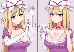 1boy 1girls 2koma blonde_hair blush breasts cleavage comic cum_in_glove cum_wearing dress elbow_gloves female femdom glovejob gloves handjob hat heart large_breasts light-skinned_female light-skinned_male light_skin long_hair mob_cap neck_ribbon penis purple_dress purple_eyes ribbon smile solo_focus spoken_heart touhou upper_body white_gloves yukari_yakumo zakku_(kya--193) rating:Explicit score:197 user:bot