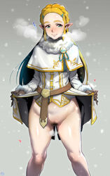 1girls absurdres belt blonde_hair blue_eyes blush bottomless breath_of_the_wild coat cold exhibitionism fur-trimmed_coat fur_trim gloves heart highres iku_(ikuchan_kaoru) legs long_hair nintendo nose_blush pointy_ears princess_zelda pubic_hair pussy pussy_juice self_exposure showing_pussy skirt skirt_lift smile snow snowing solo steaming_body steamy_breath steamy_pussy the_legend_of_zelda thighs winter winter_clothes winter_coat zelda_(breath_of_the_wild) rating:Explicit score:251 user:bot