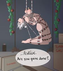 bondage bound boxes breasts christmas collar crotch_rope dawho555 dialogue english_text female femsub hogtie holidays nipple_clamps nipples rope rwby sassy suspension text tied_up winter_schnee rating:Explicit score:117 user:Boundguy