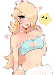 1girls 1other bell_collar blonde_hair blue_eyes blush bra breasts cat_keyhole_bra cat_lingerie cherry cleavage cleavage_cutout crossed_legs crown earrings eyelashes female female_focus hair_over_one_eye heart human jewelry luma makeup mario_(series) mouth_hold navel nintendo panties princess_rosalina rasbii scrunchie simple_background sitting solo_focus thighhighs white_background rating:Questionable score:157 user:It’s_SaM