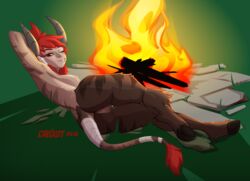 2016 anus ass breasts brown_fur croxot female fire full-length_portrait fur grass hair hooves horn looking_at_viewer lying nipples nude on_side one_eye_closed outside pinup portrait pose pussy rear_view red_eyes red_hair satyr solo tail_wraps wraps rating:Explicit score:2 user:bot