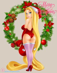 ass back_view blonde_hair blue_eyes christmas clothing disney female glamourpink high_heels hourglass_figure leotard lingerie lipstick long_hair looking_back medium_breasts rapunzel sack santa_hat smile solo stockings tangled rating:Questionable score:42 user:Freezer88