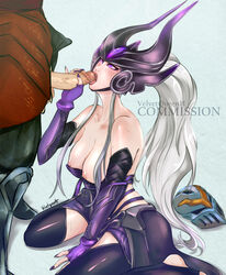 breasts fellatio female fingerless_gloves kneeling league_of_legends male mask nipples oral penis purple_eyes straight syndra tagme uncensored velvetqueenh white_hair zed rating:Explicit score:82 user:TopDogg