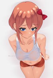 1girls artist_signature blue_eyes doki_doki_literature_club hair_ornament hair_ribbon just_sayori kun_kaiss red_bow sayori_(doki_doki_literature_club) sweat workout_clothes rating:Questionable score:73 user:Chicken40