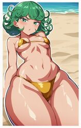  1girls ai_generated ashaa beach beach_background bikini bikini_bottom bikini_top female female_only golden_bikini green_eyes green_hair laying_on_ground medium_breasts one-punch_man outline short_hair solo tatsumaki thick_thighs  rating:questionable score: user:ashaa