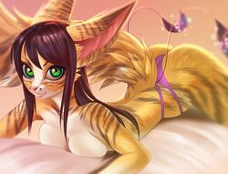  2016 anthro avoid_posting brown_hair felid female green_eyes hair looking_at_viewer mammal nude sif smile solo stripes  rating:questionable score: user:bot