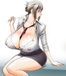 1girls beauty_mark big_breasts blouse breasts business_suit cleavage erect_nipples eyelashes eyeliner female female_only huge_breasts long_hair makeup microskirt miniskirt mole nipples nipples_visible_through_clothing office_lady open_shirt see-through shirt silver_hair skirt sweat tatsunami_youtoku tie wide_hips rating:Explicit score:97 user:The_Realistic