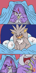 :3 anthro bed blaze_the_cat blush breasts cat chacumera chest_tuft close-up closed_eyes comic duo fangs feline fellatio female half-closed_eyes hedgehog indoors licking male mammal navel oral paizuri penis_lick pov saliva sex silver_the_hedgehog sonic_(series) straight teeth tongue tongue_out tuft rating:Explicit score:11 user:bot