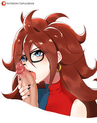 android_21 android_21_(human) auburn_hair blue_eyes dragon_ball dragon_ball_fighterz drool ear_piercing earrings erection fellatio female glasses licking_penis male open_mouth oral oral_sex penis precum straight tofuubear tongue tongue_out rating:Explicit score:186 user:SolemnTagger