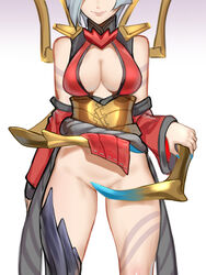 blood_moon_elise blood_moon_series breasts cleavage clothing covering_crotch dress dress_lift elise_kythera_zaavan female kumiko_(aleron) league_of_legends medium_breasts no_panties smile rating:Questionable score:78 user:tifalocktits