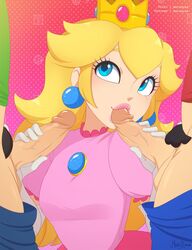 1girls 2boys blonde_hair blue_eyes clothed clothing crown dick_sucking_lips dress earrings elbow_gloves erection fellatio female female_focus gloves handjob lipstick long_hair luigi makeup male mario mario_(series) merunyaa multiple_boys nintendo oral penis pink_dress pink_lipstick princess_peach pubic_hair testicles unseen_male_face vein veiny_penis rating:Explicit score:91 user:justausername