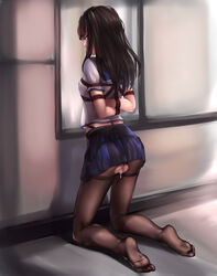 absurdres after_sex arms_behind_back ass black_hair black_legwear blue_sailor_collar blue_skirt bondage bound bound_arms breasts cum cum_in_pussy cumdrip feet female fire_emblem fire_emblem_awakening from_behind full_body glaring highres indoors kneeling kneepits lanse_dai_mao long_hair looking_at_viewer looking_back medium_skirt no_panties no_shoes pantyhose pleated_skirt sailor_collar school_uniform serafuku shaded_face shibari_over_clothes shirt short_sleeves skirt skirt_lift small_breasts soles tharja_(fire_emblem) thighband_pantyhose toes torn_clothes torn_pantyhose white_shirt window rating:Explicit score:263 user:bot