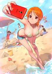 2girls 4boys absurdres areolae beach bent_over bikini breasts bucket cleavage clothing electronics female gorgeous_mushroom highres human male monkey_d_luffy nami nami_(one_piece) nico_robin one_piece pale_skin phone pre-timeskip pre_timeskip roronoa_zoro sand_castle selfie shovel sitting solo_focus standing swimwear tony_tony_chopper usopp wristwear rating:Questionable score:678 user:justausername