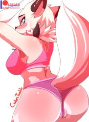 1girls 2018 anthro armpits ass back bare_shoulders big_ass blue_eyes blush breasts brown_fur canine civibes claws clothed clothing digital_media_(artwork) fangs female female_only fur hi_res looking_at_viewer looking_back lycanroc mammal midday_lycanroc nintendo open_mouth pokémon_(species) pokemon pokemon_sm pussy sideboob simple_background solo tail teeth text video_games watermark white_background white_fur rating:Explicit score:90 user:bot