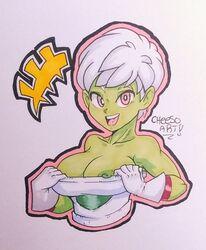 1girls alien alien_girl areolae battle_armor breasts busty cheelai cheesoart cleavage collarbone dragon_ball dragon_ball_super elastic_armor female female_only flashing front_view gloves green_nipples green_skin happy humanoid large_breasts looking_at_viewer nipple_slip nipples open_smile pink_eyes shirt_pull short_hair signature simple_background sketch smile solo undressing upper_body voluptuous white_background white_hair rating:Explicit score:68 user:SolemnTagger