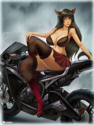 1girls 2017 ahri animal_ears bra breasts cleavage female female_focus high_heel_boots large_breasts league_of_legends legs_crossed long_hair motorcycle navel nipples painted_nails skirt tagme thighhighs vempire rating:Explicit score:25 user:illadin37