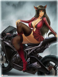 1girls 2017 ahri animal_ears bra breasts cleavage female female_focus high_heel_boots large_breasts league_of_legends legs_crossed long_hair motorcycle navel painted_nails skirt tagme thighhighs vempire rating:Explicit score:33 user:illadin37