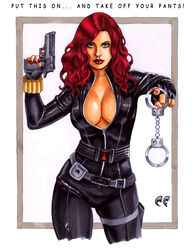 1girls black_widow_(marvel) bodysuit breasts chris_foulkes cleavage clothed dialogue dominant_female english english_text female female_only femdom green_eyes gun handcuffs handgun human human_only large_breasts light-skinned_female light_skin lipstick long_hair looking_at_viewer marvel marvel_comics nail_polish natasha_romanoff open_clothes pointing_at_viewer red_hair seductive_look signature solo solo_female straight_hair talking_to_viewer text unzipped unzipped_bodysuit weapon rating:Questionable score:81 user:wicket505