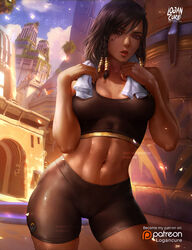 abs bike_shorts breasts cameltoe cleavage crop_top dark-skinned_female dark_skin female female_only logan_cure looking_at_viewer navel overwatch pharah solo sweat rating:Safe score:222 user:justausername