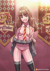 1girls bikini_top breasts brown_hair female female_only frontal_wedgie harry_potter hermione_granger long_hair micro_bikini necktie nippleless_clothes nipples partially_visible_vulva revealing_clothes skirt skirt_lift smile solo tekuho thighhighs thong witch rating:Explicit score:373 user:chooped