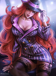 aroma_sensei breasts cleavage crime_city_miss_fortune debonair_series female female_only garter_belt league_of_legends looking_at_viewer miss_fortune panties pinstripe_pattern pinstripe_suit solo thighhighs rating:Questionable score:92 user:justausername