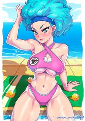 1girls afro artist_name big_breasts bikini blue_eyes blue_hair blush blushing bulma_(afro) bulma_briefs busty capsule_corporation_logo cleavage clothed clothed_female clothes clothing color colored dragon_ball dragon_ball_(object) dragon_ball_z earrings english english_text female female_focus female_only female_solo hairband halter_top headband human human_only kajinman light-skinned_female light_skin long_hair looking_at_viewer pink_swimsuit shadow sitting solo solo_female solo_focus swimsuit text thick_thighs towel uncensored underboob_cutout rating:Safe score:359 user:Ponic5