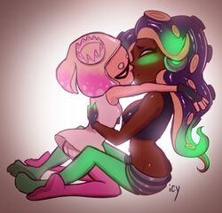 2girls absurdres blush chocolate_and_vanilla dark-skinned_female dark_skin female female_only handwear highres humanoid inkling interracial_yuri iseenudepeople kissing legwear marina_(splatoon) nintendo octoling pale_skin pearl_(splatoon) small_ass splatoon splatoon_2 yuri rating:Questionable score:167 user:justausername