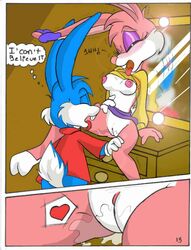 1boy 1boy1girl 1girls anthro babs_bunny bottomless buster_bunny clothed clothed_female clothed_male comic duo female fur furry lagomorph leporid male mammal partially_clothed rabbit straight tagme tiny_toon_adventures uncensored rating:Explicit score:7 user:bot