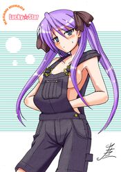 blue_eyes blush breasts female hair_ribbon human kagami_hiiragi long_hair lucky_star naked_overalls overalls purple_hair ribbon sideboob solo tied_hair twintails uncensored yasakani_an rating:Explicit score:21 user:bot