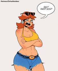 1girls alternate_version alternate_version_at_source alternate_version_available belt big_breasts biker_shorts bimbo blue_eyes blush blushing blushing_at_viewer breasts brown_hair dialogue earrings female female_focus female_only hips jean_shorts looking_at_viewer mario_(series) princess_daisy pussy_visible_through_clothes smug_expression smug_face sports_bra sunglasses sunglasses_on_head tan_body thegreyzen thehornyzen thighs tomboy rating:Explicit score:133 user:FutaLover64