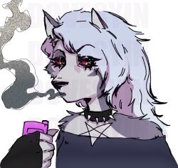  alternative_fashion anthro canid canine clothed clothing dovesyin female fingerless_gloves fur gloves goth handwear helluva_boss loona_(helluva_boss) mammal portrait red_eyes solo vaping  rating:safe score: user:bot