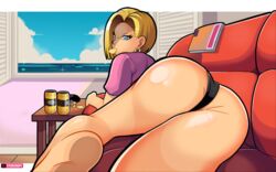 1girls android_18 ass black_panties blonde_hair blue_eyes dragon_ball dragon_ball_super dragon_ball_z eating female female_only huge_ass panties presenting shounen_jump solo solo_female stevechopz rating:Questionable score:159 user:Freezer88