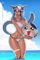 animal_ears bbc-chan beach beach_ball bikini blue_eyes blue_hair cat_ears cat_tail female final_fantasy final_fantasy_xiv glasses heterochromia kemonomimi long_hair miqo'te pink_eyes ponytail sea solo swimsuit tail tan tied_hair rating:Questionable score:76 user:redfts