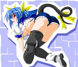 ass bent_over blue_hair breasts denim denim_shorts dizzy_(guilty_gear) guilty_gear nipple_slip nipples red_eyes sailor_collar school_uniform serafuku shorts tail thighhighs underboob rating:Questionable score:1 user:bot