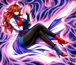 1girls android_21 android_21_(human) auburn_hair blue_eyes breasts cleavage curly_hair dragon_ball dragon_ball_fighterz earrings elbow_gloves female fingerless_gloves fully_clothed glasses gloves high_heels huge_breasts jadenkaiba labcoat long_hair orange_hair solo rating:Explicit score:49 user:powerman5000