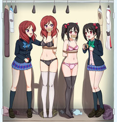 4girls arms_behind_back black_bra black_panties blush bondage bound bra clones closet doppelganger female_only femdom femsub gag gagged hoppanghairfei humiliation legwear lezdom love_live! multiple_girls multiple_subs panties pink_bra pink_panties purple_eyes red_eyes roll_of_tape rope school_uniform schoolgirl stripped tape_gag taped_mouth thighhighs tied_up yuri rating:Explicit score:108 user:Boundguy