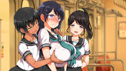 3girls aomizuan black_hair black_skirt blue_hair blush breast_grab breasts closed_mouth dark_skin embarrassed full-face_blush grabbing high_ponytail highres huge_breasts kotosanomaa long_hair looking_away lucky_dosukebe!_kouhen medium_breasts multiple_girls naughty_face open_mouth original ponytail purple_eyes sailor_collar school_uniform serafuku short_hair skirt small_breasts smile standing train train_interior upper_body yellow_eyes rating:Explicit score:312 user:bot