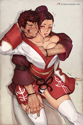 bbc-chan breast_grab breasts duo facial_markings female final_fantasy final_fantasy_xiv hair_bun jacien_visenad josalyn_visenad kimono large_breasts male neck_kiss one_eye_closed panties sex straight thighhighs rating:Explicit score:127 user:redfts