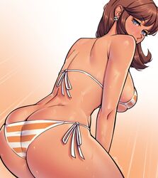 2023 ass ass_cleavage back bikini bimbo blue_eyes breasts brown_hair butt_crack dracksart earrings female female_focus female_only freckles freckles_on_breasts freckles_on_face hi_res large_ass large_breasts leaning leaning_forward looking_at_viewer looking_back looking_over_shoulder mario_(series) nintendo princess princess_daisy sideboob solo solo_female solo_focus squatting striped_bikini swimsuit swimwear thick_thighs thighs underboob wet wet_body rating:Explicit score:203 user:imasneaky