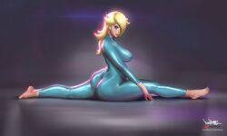 ass bimbo blonde_hair blue_eyes bodysuit breasts cleavage erect_nipples feet female female_only hair_over_one_eye looking_at_viewer looking_back mario_(series) nintendo pinkdrawz princess_rosalina skin_tight solo splits spread_legs super_mario_galaxy rating:Questionable score:289 user:justausername